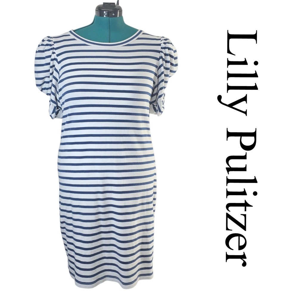 Lilly‎ Pulitzer Striped T-Shirt Dress Puff Sleeve Blue White L Wedding Guest
